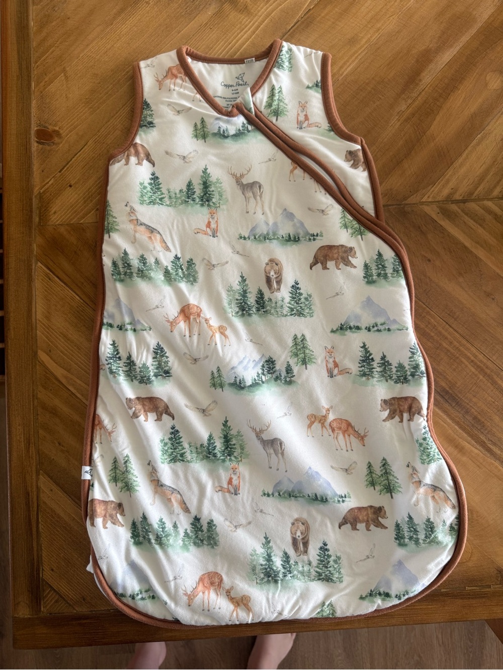 COPPER PEARL - Forest Friends Organic Sleep Sack - White with Brown Trim